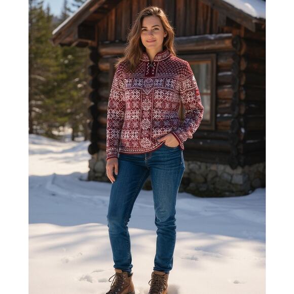 Dale of Norway Peace Knit Sweater Qtr Zip Womens Medium Red 100% New Wool - Picture 1 of 13